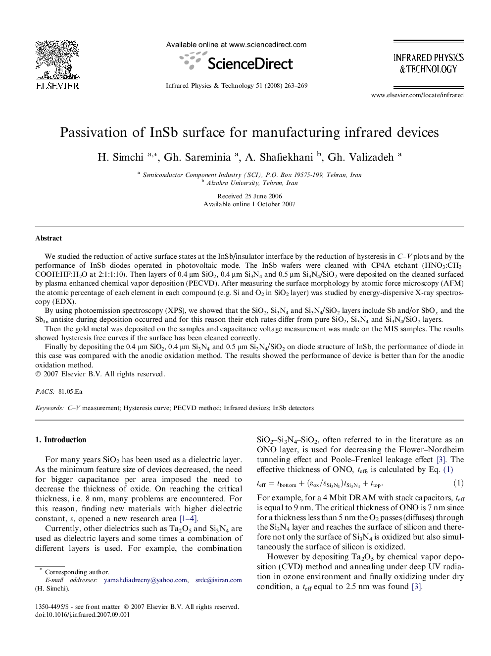 Passivation of InSb surface for manufacturing infrared devices