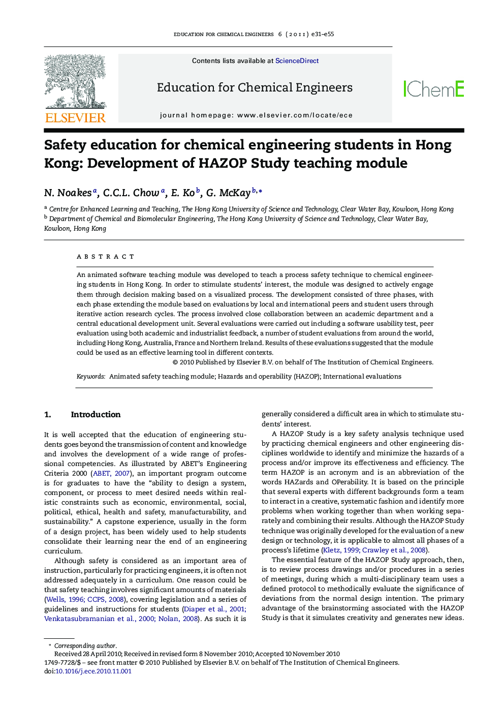 Safety education for chemical engineering students in Hong Kong: Development of HAZOP Study teaching module