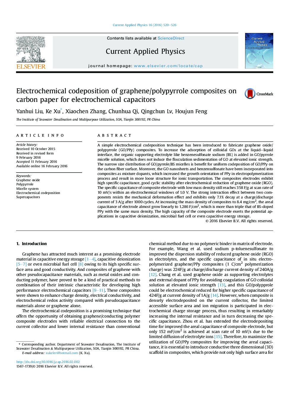 ترکیب بندی الکتروشیمیایی کامپوزیت گرافن / پلی پیلر بر روی مقاله کربن برای خازن های الکتروشیمیایی 