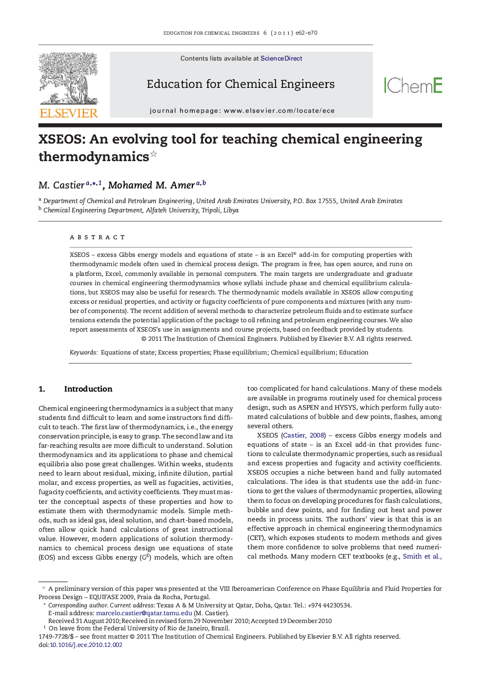 عکس صفحه اول مقاله: XSEOS: An evolving tool for teaching chemical engineering thermodynamics XSEOS: An evolving tool for teaching chemical engineering thermodynamics