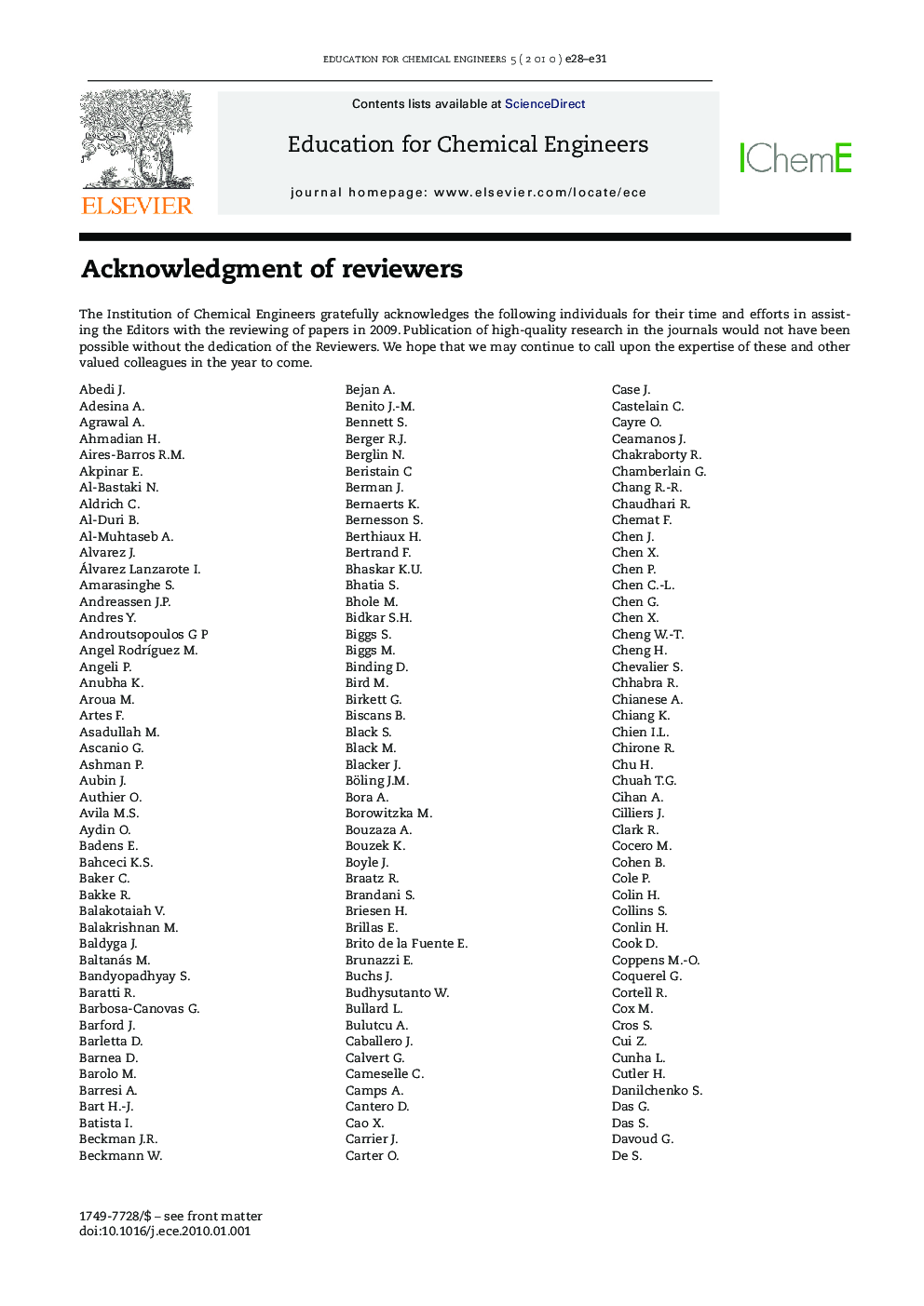 Acknowledgement to Reviewers