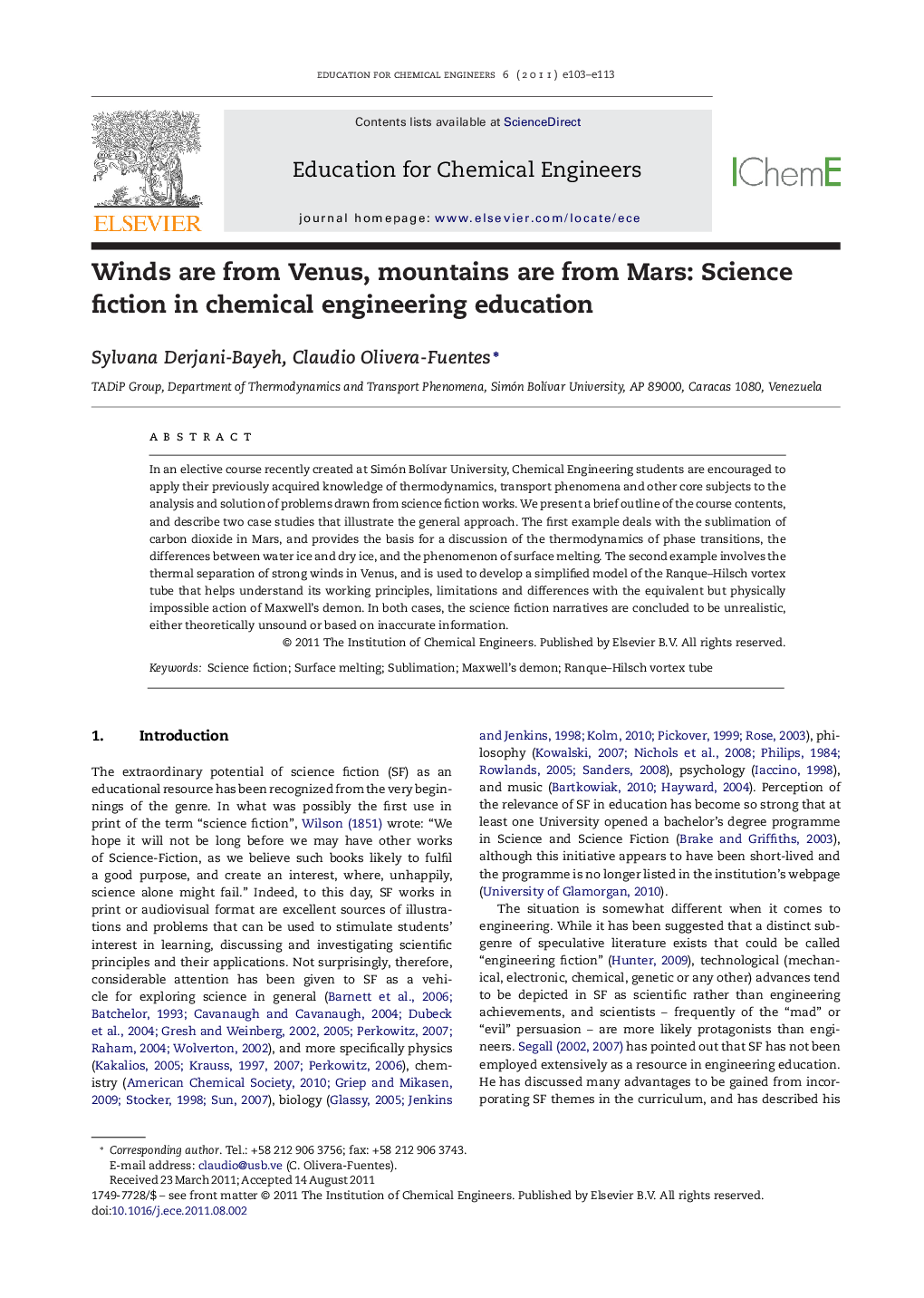 Winds are from Venus, mountains are from Mars: Science fiction in chemical engineering education