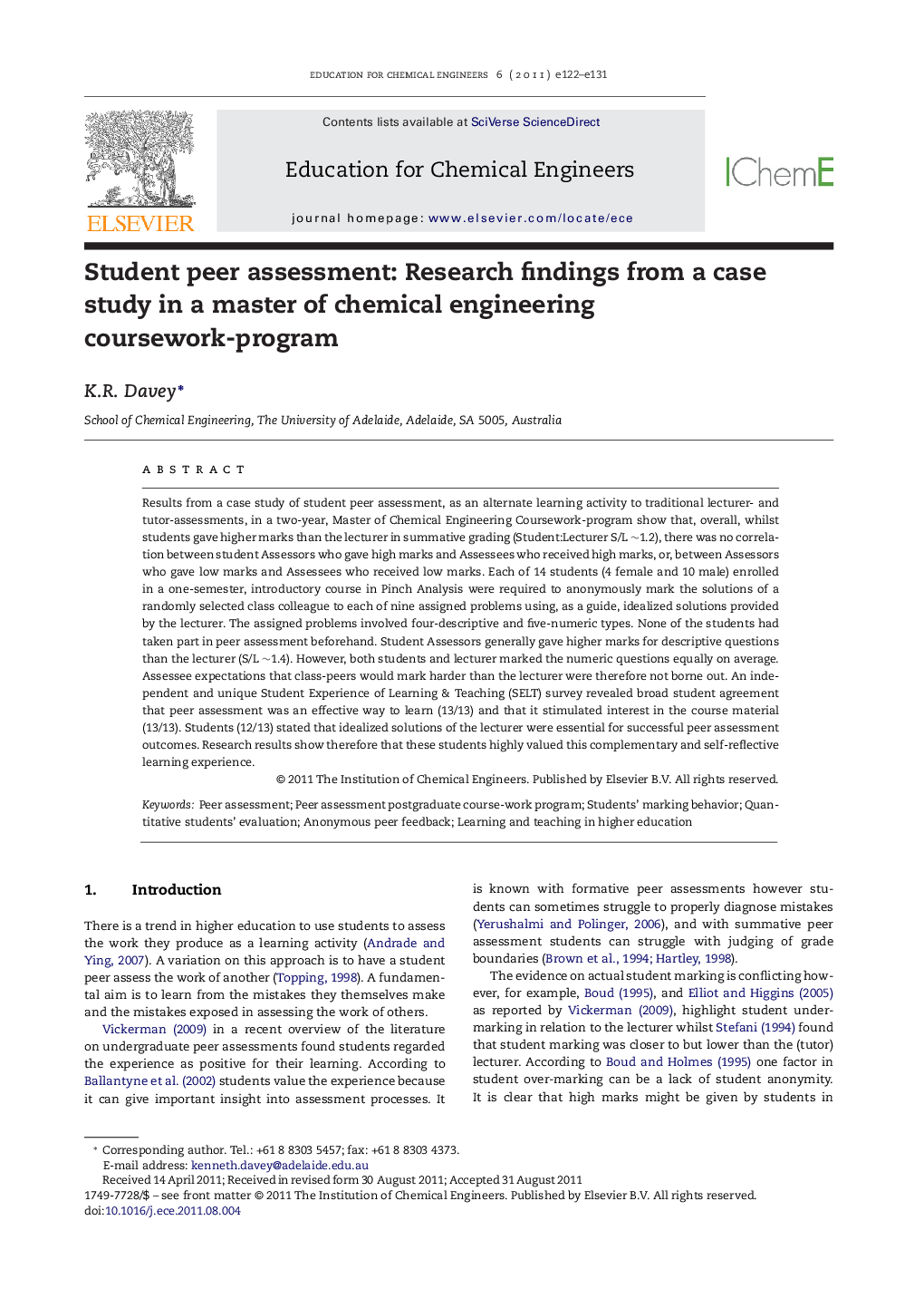 Student peer assessment: Research findings from a case study in a master of chemical engineering coursework-program