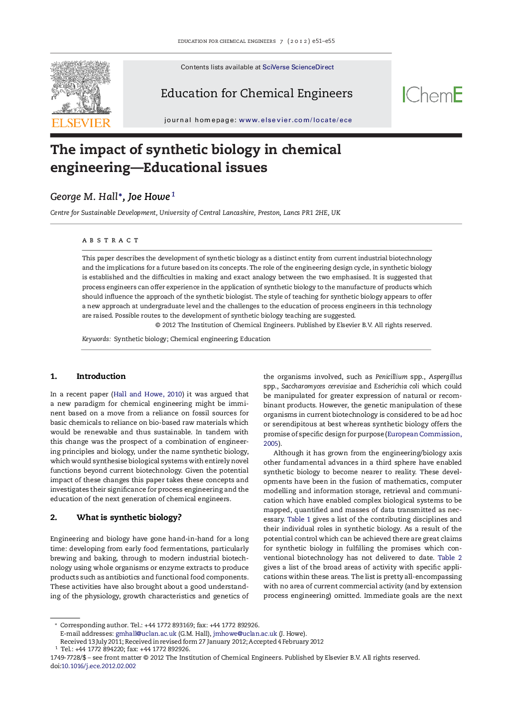 The impact of synthetic biology in chemical engineering—Educational issues