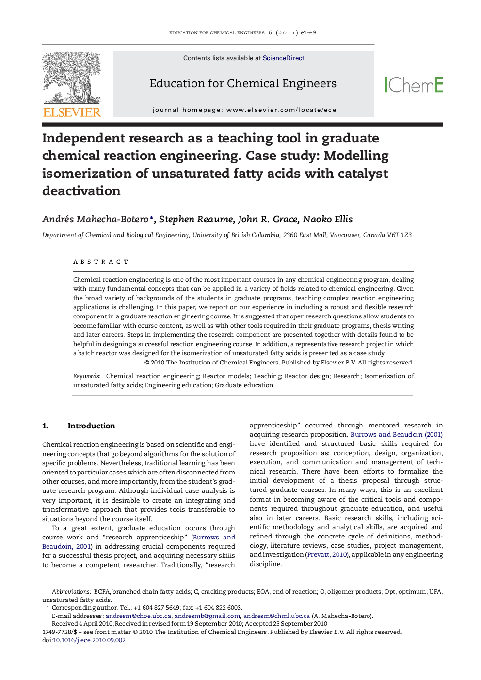 Independent research as a teaching tool in graduate chemical reaction engineering. Case study: Modelling isomerization of unsaturated fatty acids with catalyst deactivation