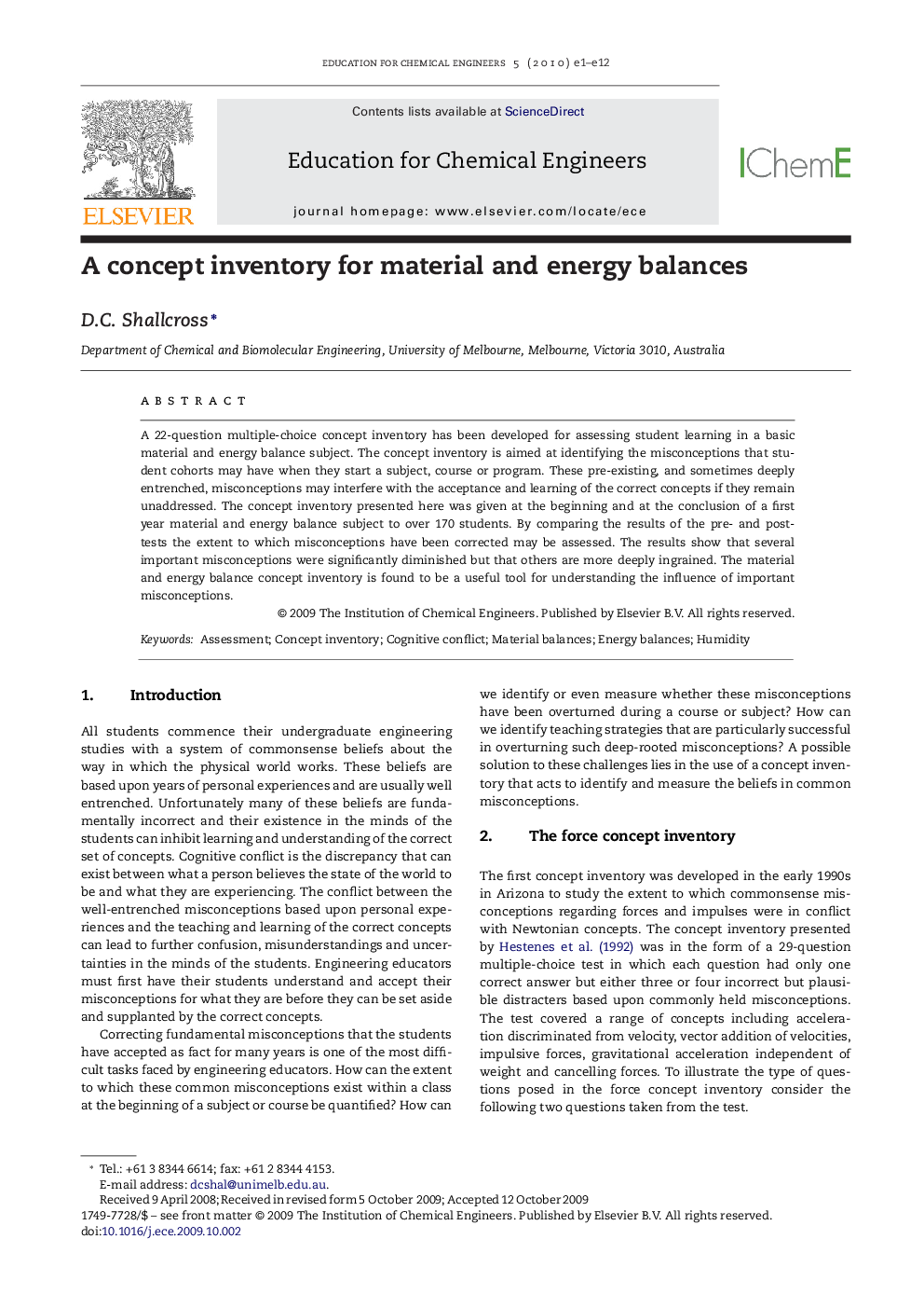 A concept inventory for material and energy balances