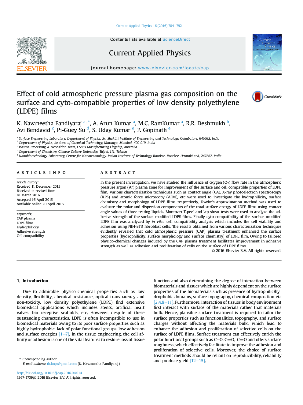 Effect of cold atmospheric pressure plasma gas composition on the surface and cyto-compatible properties of low density polyethylene (LDPE) films