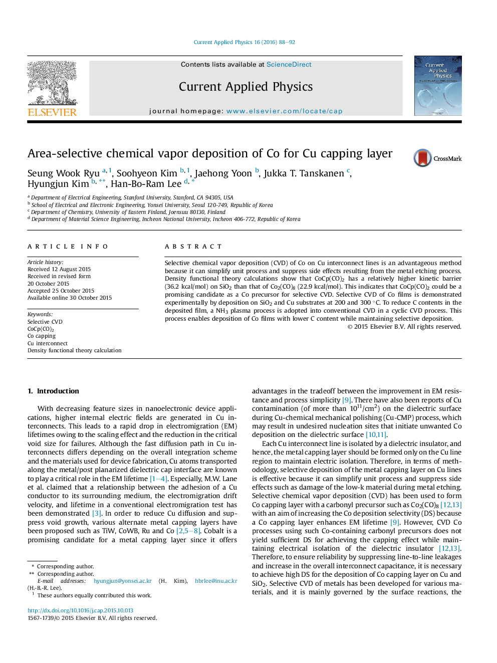 Area-selective chemical vapor deposition of Co for Cu capping layer