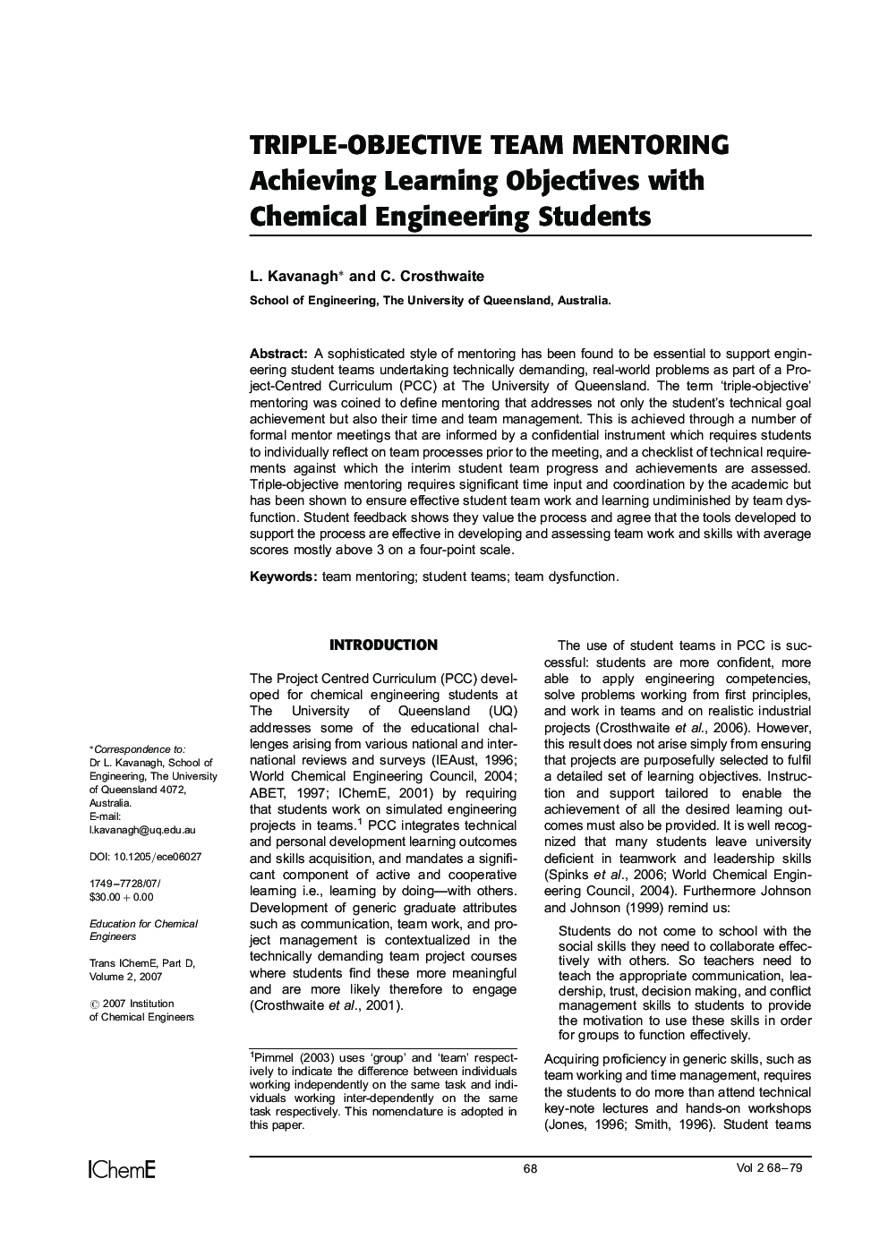 Triple-objective Team Mentoring: Achieving Learning Objectives with Chemical Engineering Students
