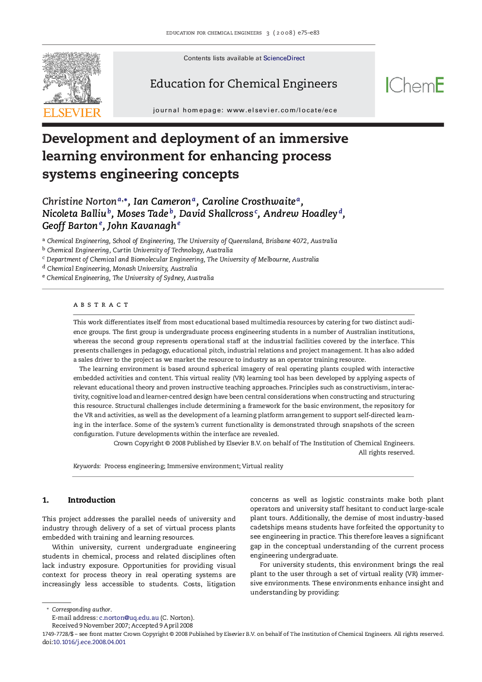 Development and deployment of an immersive learning environment for enhancing process systems engineering concepts