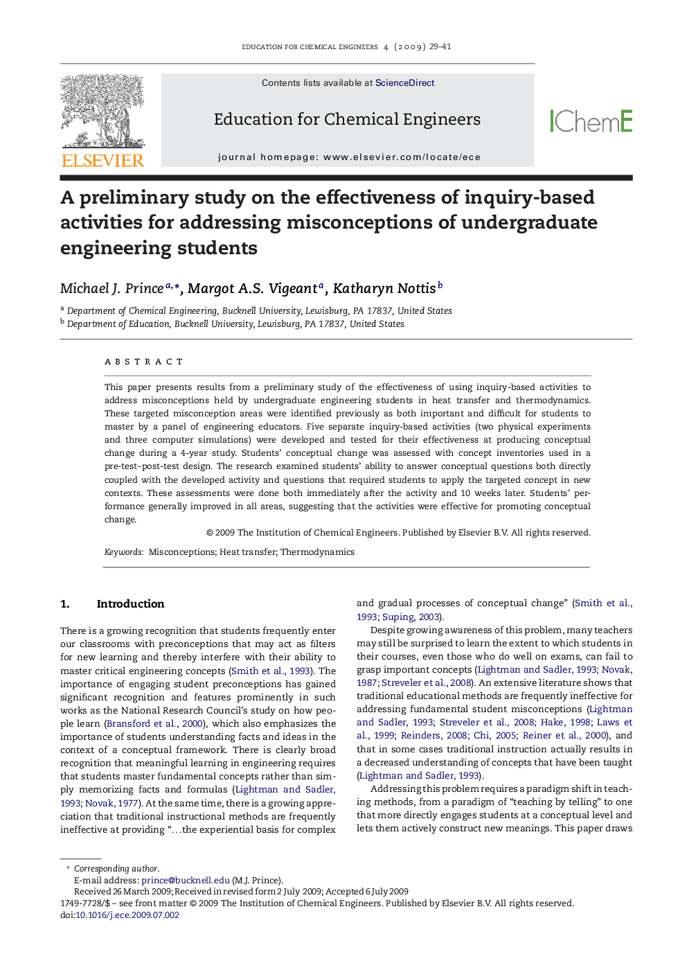 A preliminary study on the effectiveness of inquiry-based activities for addressing misconceptions of undergraduate engineering students