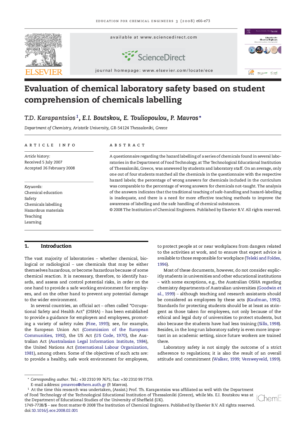 Evaluation of chemical laboratory safety based on student comprehension of chemicals labelling