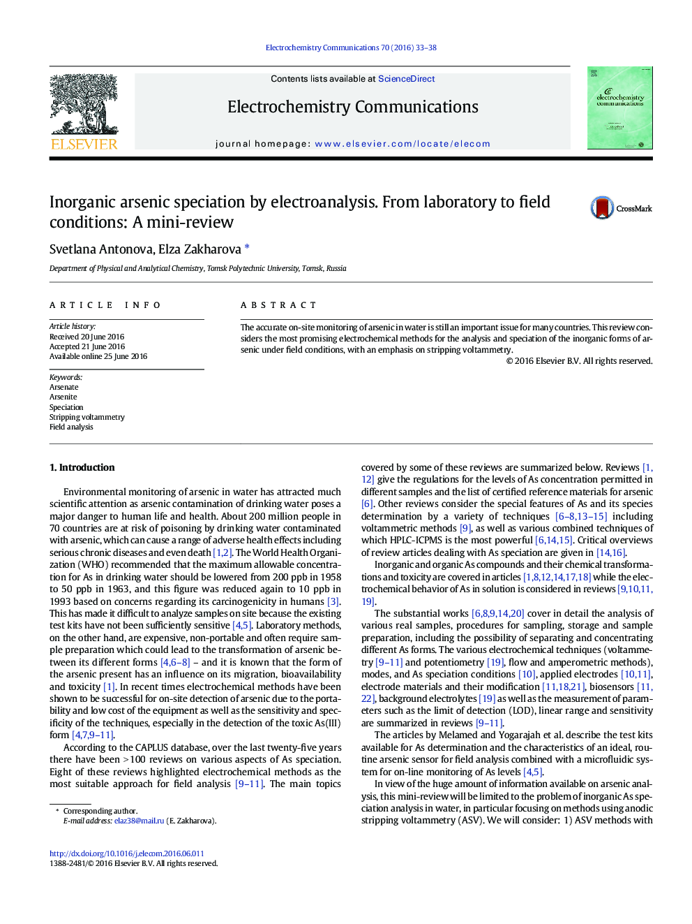 Inorganic arsenic speciation by electroanalysis. From laboratory to field conditions: A mini-review