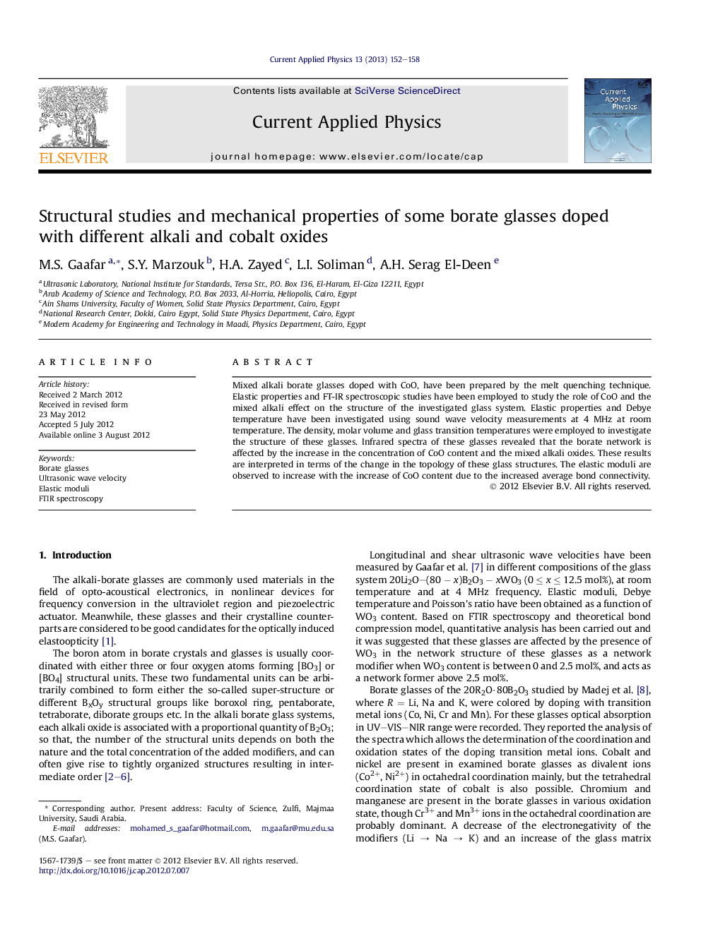 Structural studies and mechanical properties of some borate glasses doped with different alkali and cobalt oxides