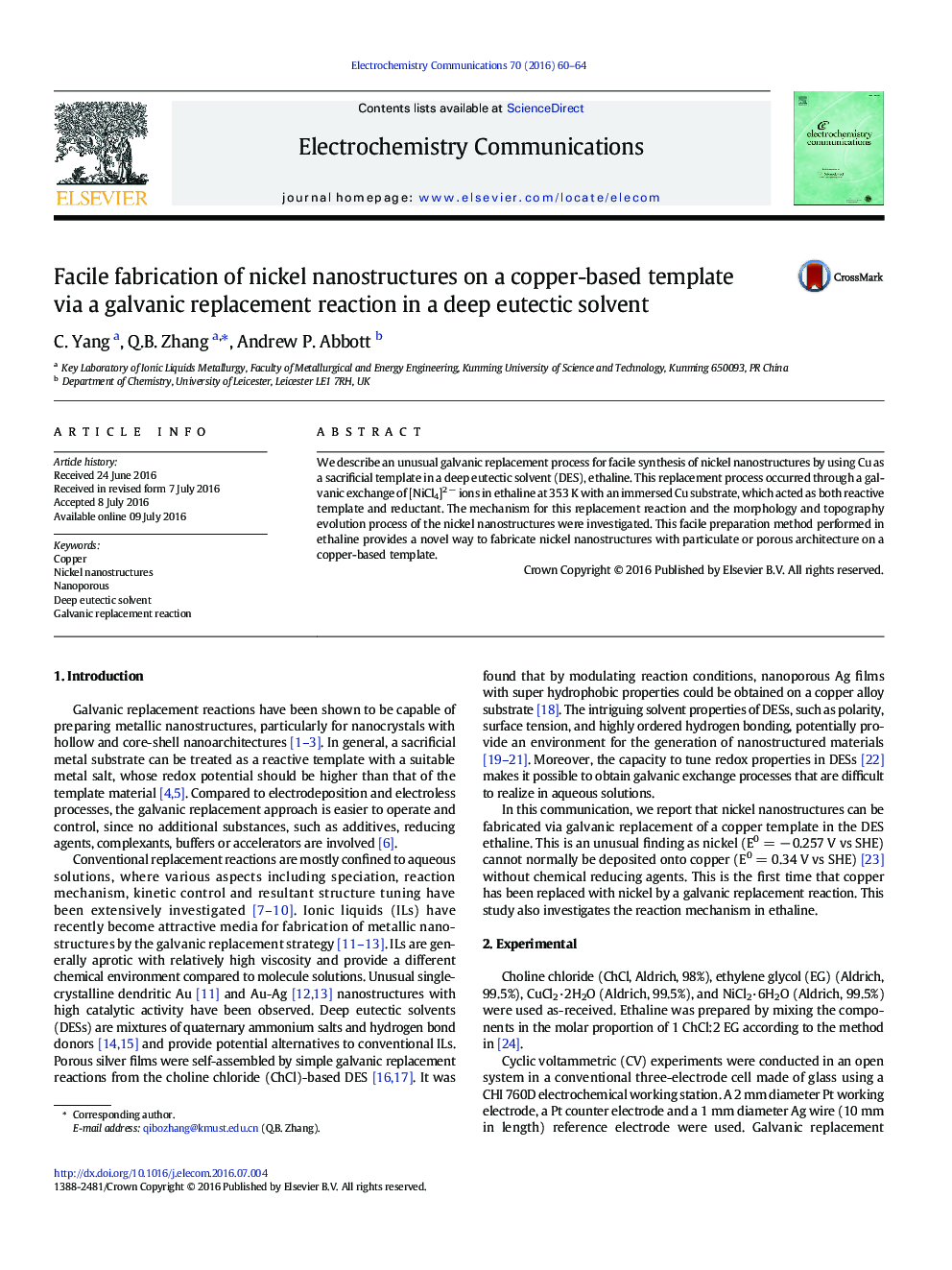 Facile fabrication of nickel nanostructures on a copper-based template via a galvanic replacement reaction in a deep eutectic solvent