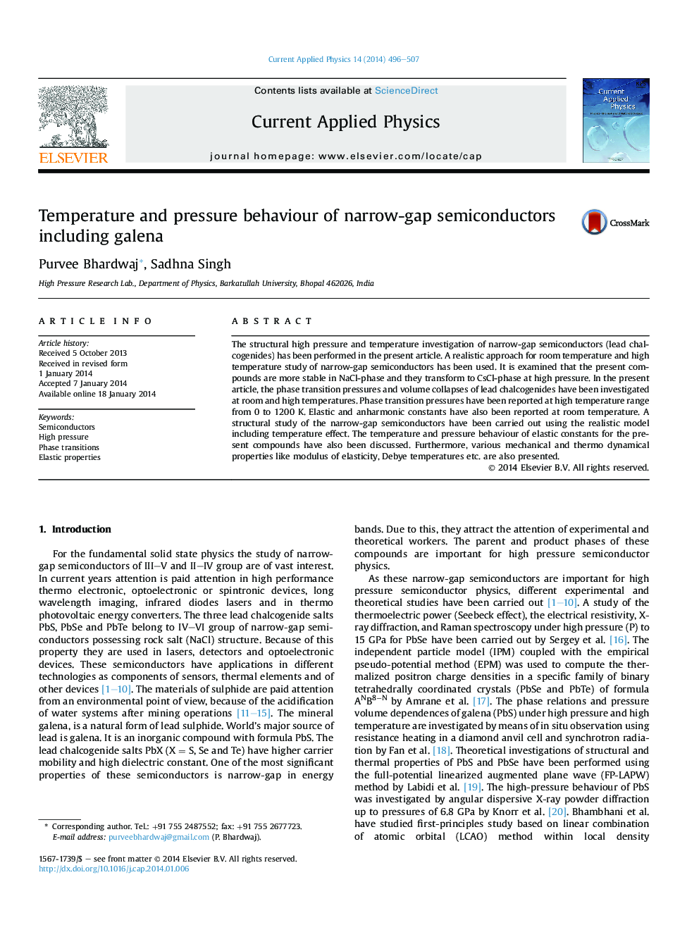 Temperature and pressure behaviour of narrow-gap semiconductors including galena