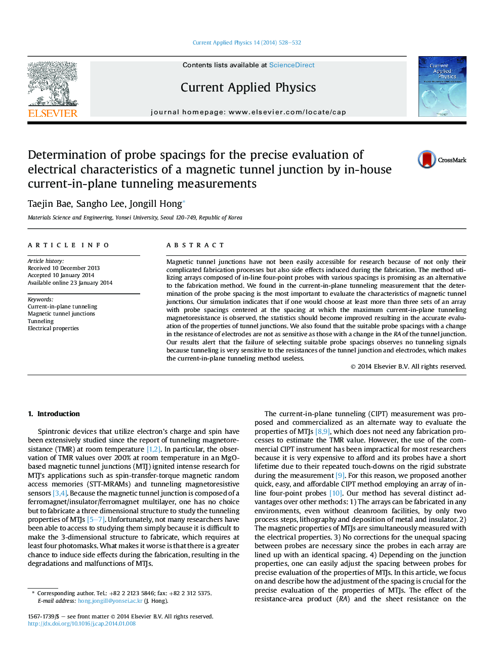 Determination of probe spacings for the precise evaluation of electrical characteristics of a magnetic tunnel junction by in-house current-in-plane tunneling measurements