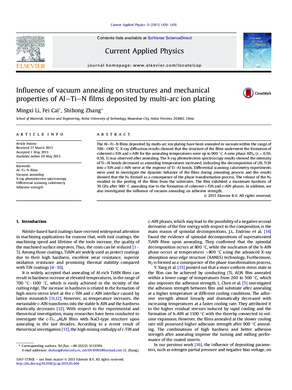 Influence of vacuum annealing on structures and mechanical properties of Al–Ti–N films deposited by multi-arc ion plating