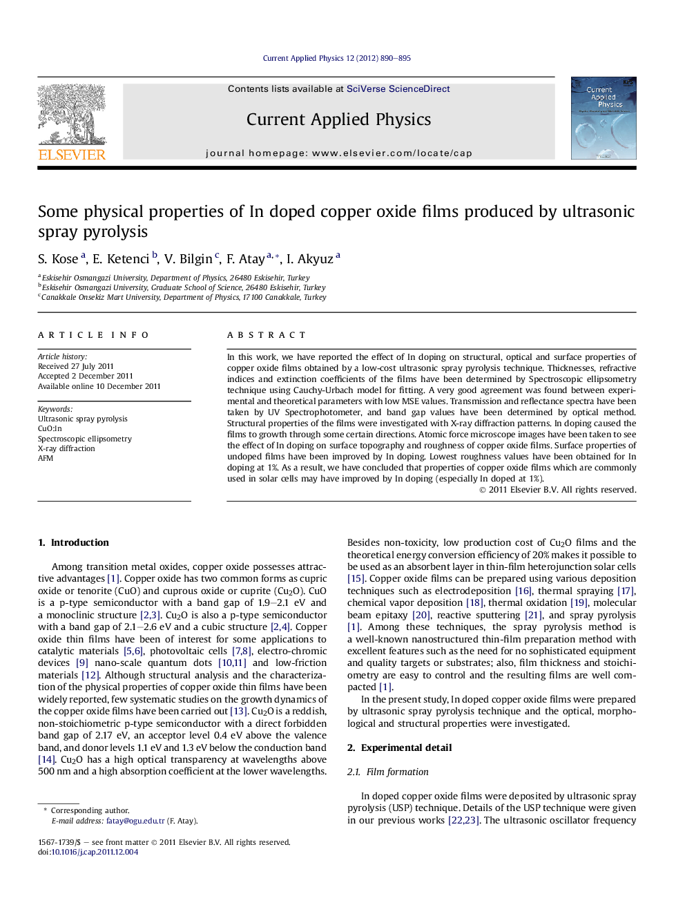 Some physical properties of In doped copper oxide films produced by ultrasonic spray pyrolysis