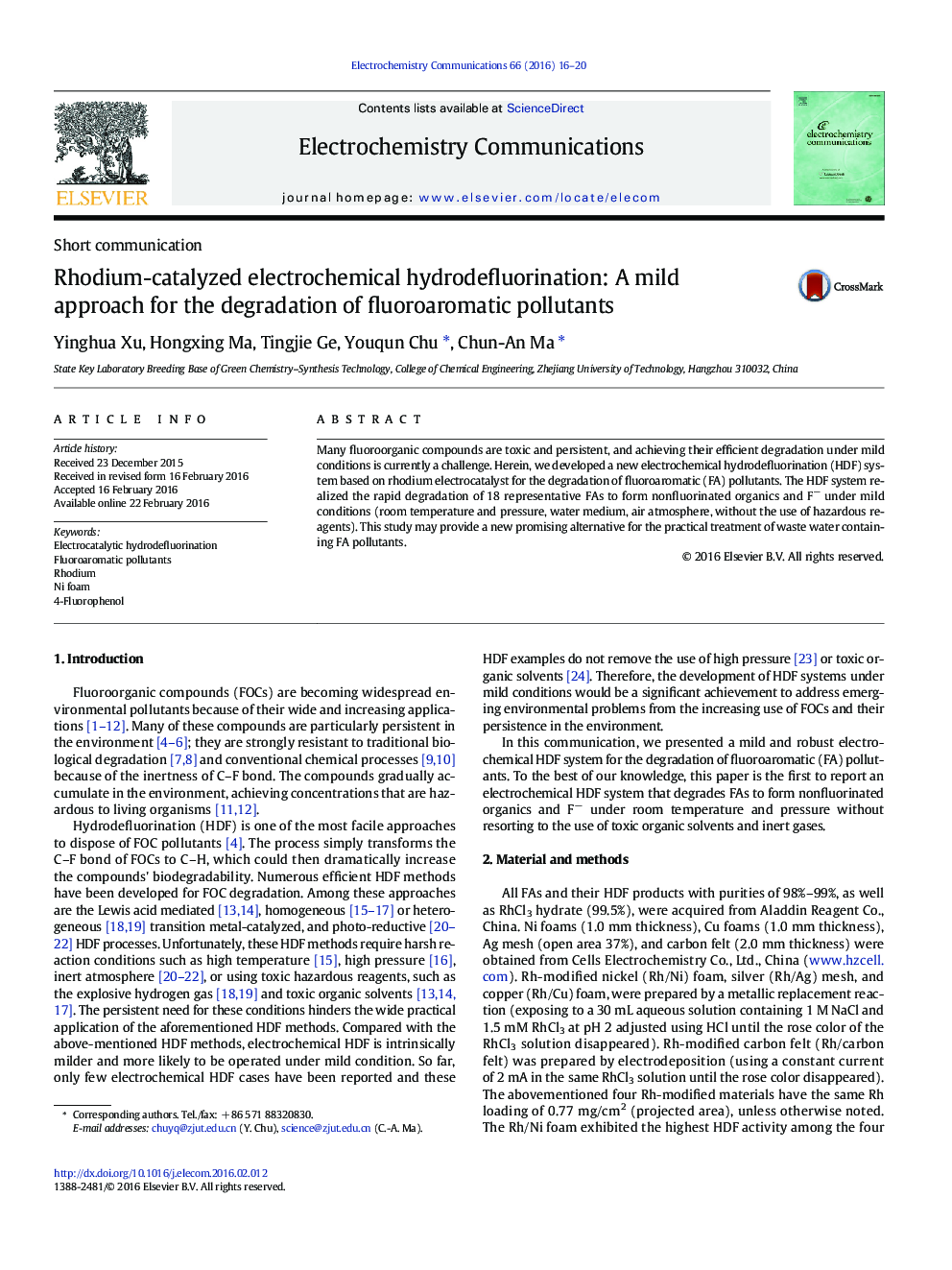 Rhodium-catalyzed electrochemical hydrodefluorination: A mild approach for the degradation of fluoroaromatic pollutants