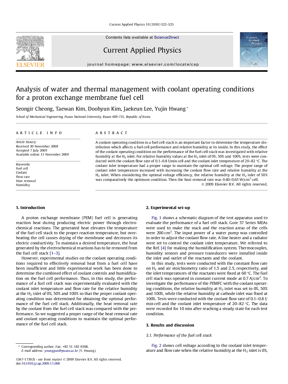 Analysis of water and thermal management with coolant operating conditions for a proton exchange membrane fuel cell