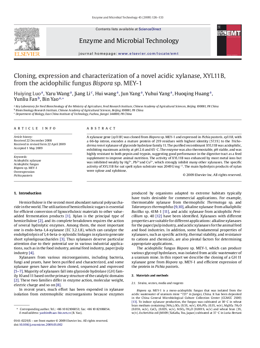 Cloning, expression and characterization of a novel acidic xylanase, XYL11B, from the acidophilic fungus Bispora sp. MEY-1