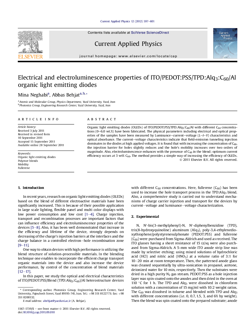 Electrical and electroluminescence properties of ITO/PEDOT:PSS/TPD:Alq3:C60/Al organic light emitting diodes