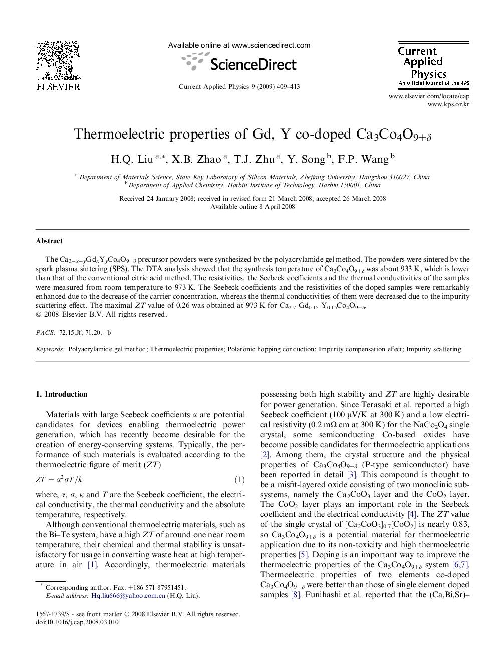 Thermoelectric properties of Gd, Y co-doped Ca3Co4O9+Î´