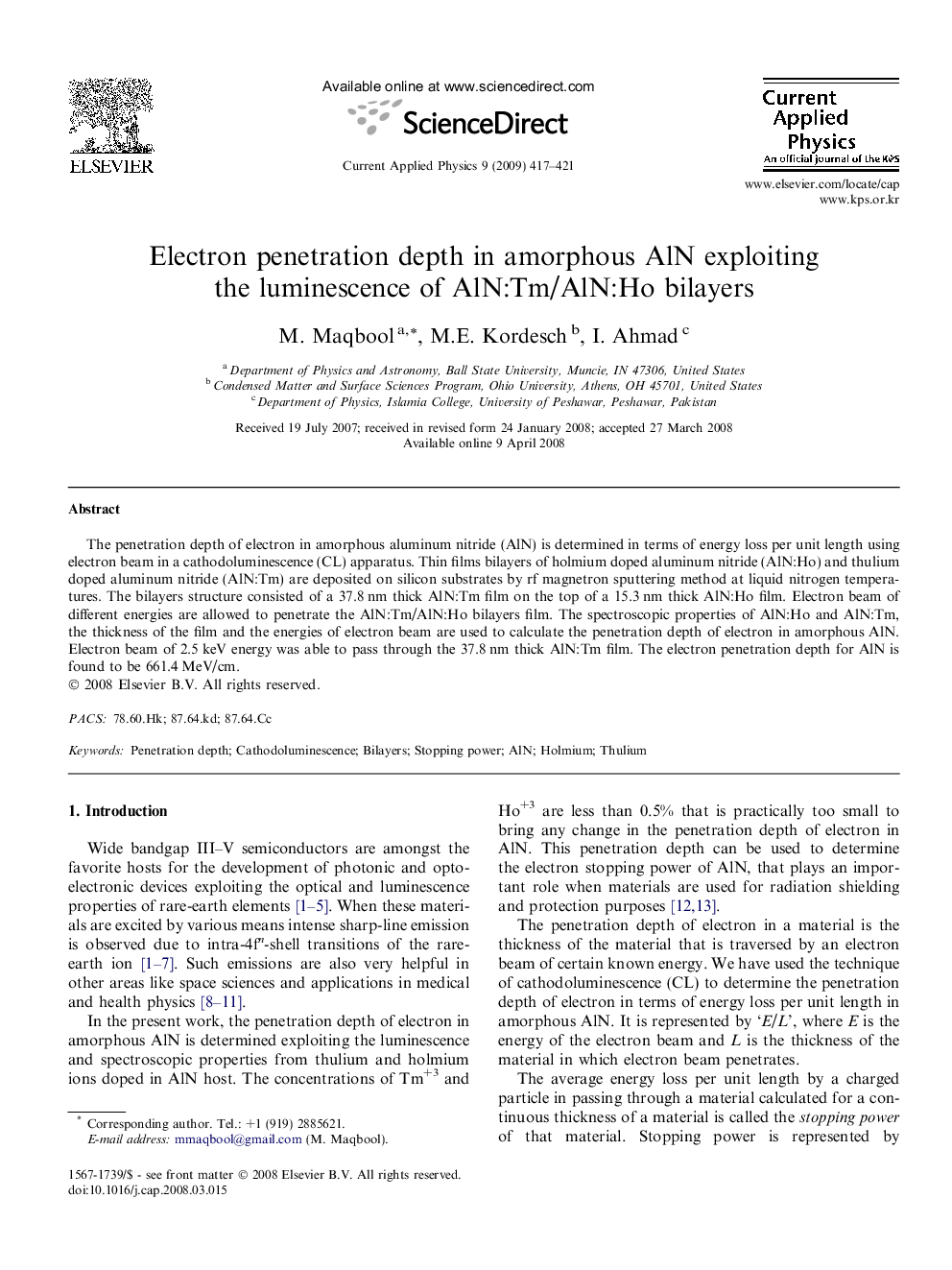 Electron penetration depth in amorphous AlN exploiting the luminescence of AlN:Tm/AlN:Ho bilayers