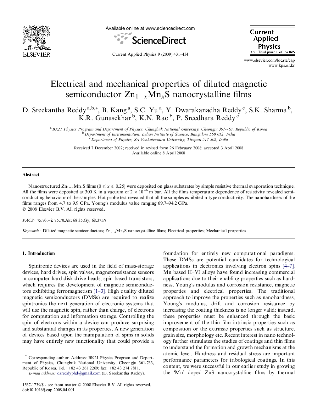 Electrical and mechanical properties of diluted magnetic semiconductor Zn1−xMnxS nanocrystalline films