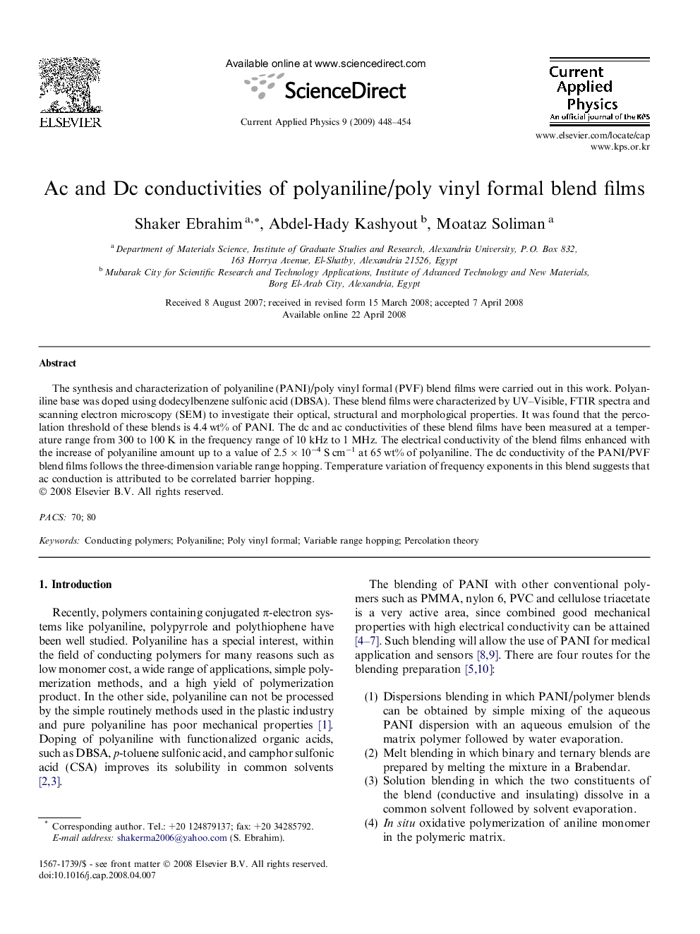 Ac and Dc conductivities of polyaniline/poly vinyl formal blend films