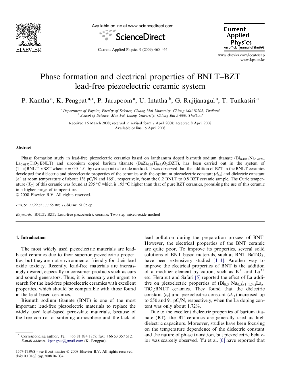 Phase formation and electrical properties of BNLT–BZT lead-free piezoelectric ceramic system