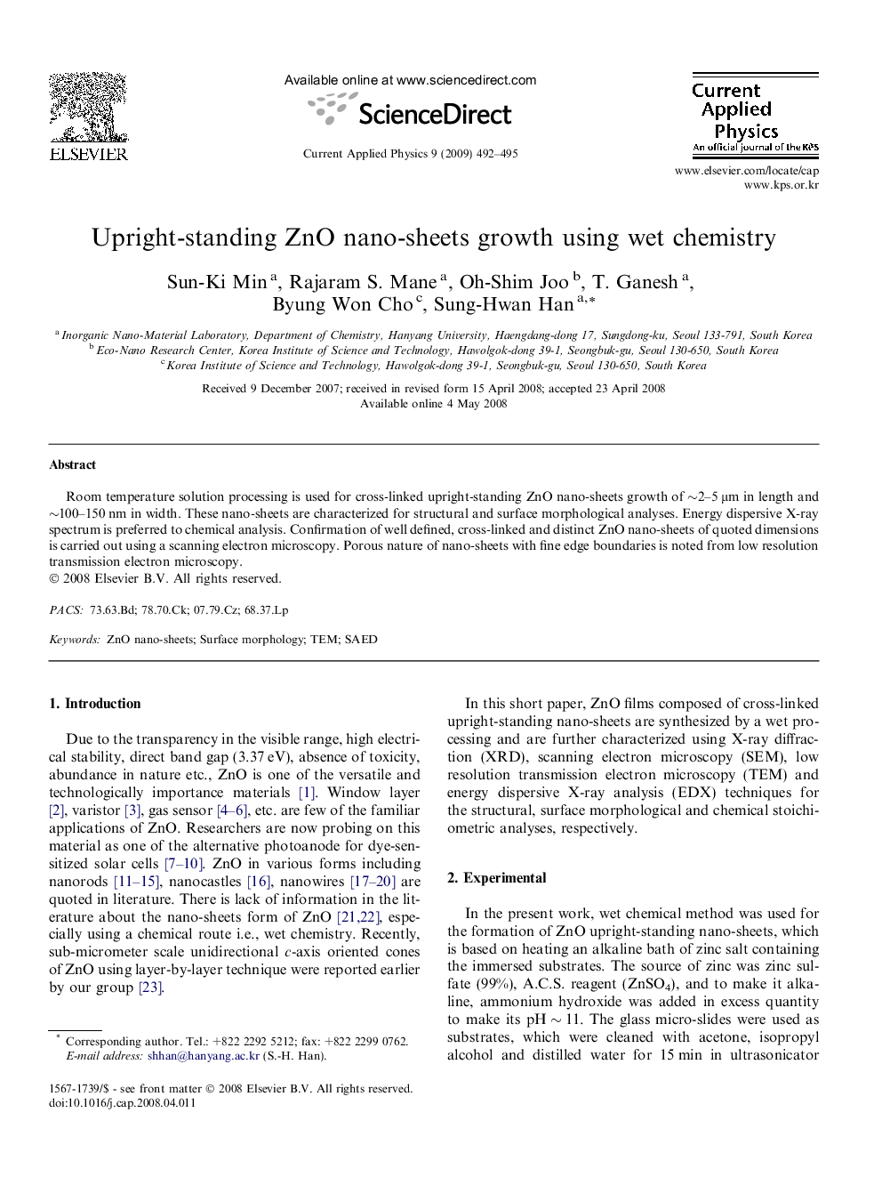 Upright-standing ZnO nano-sheets growth using wet chemistry