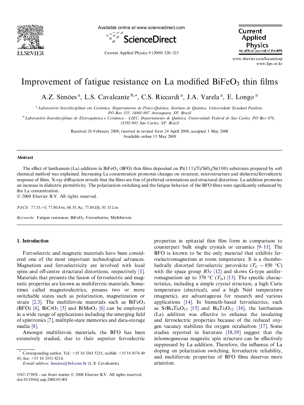 Improvement of fatigue resistance on La modified BiFeO3 thin films