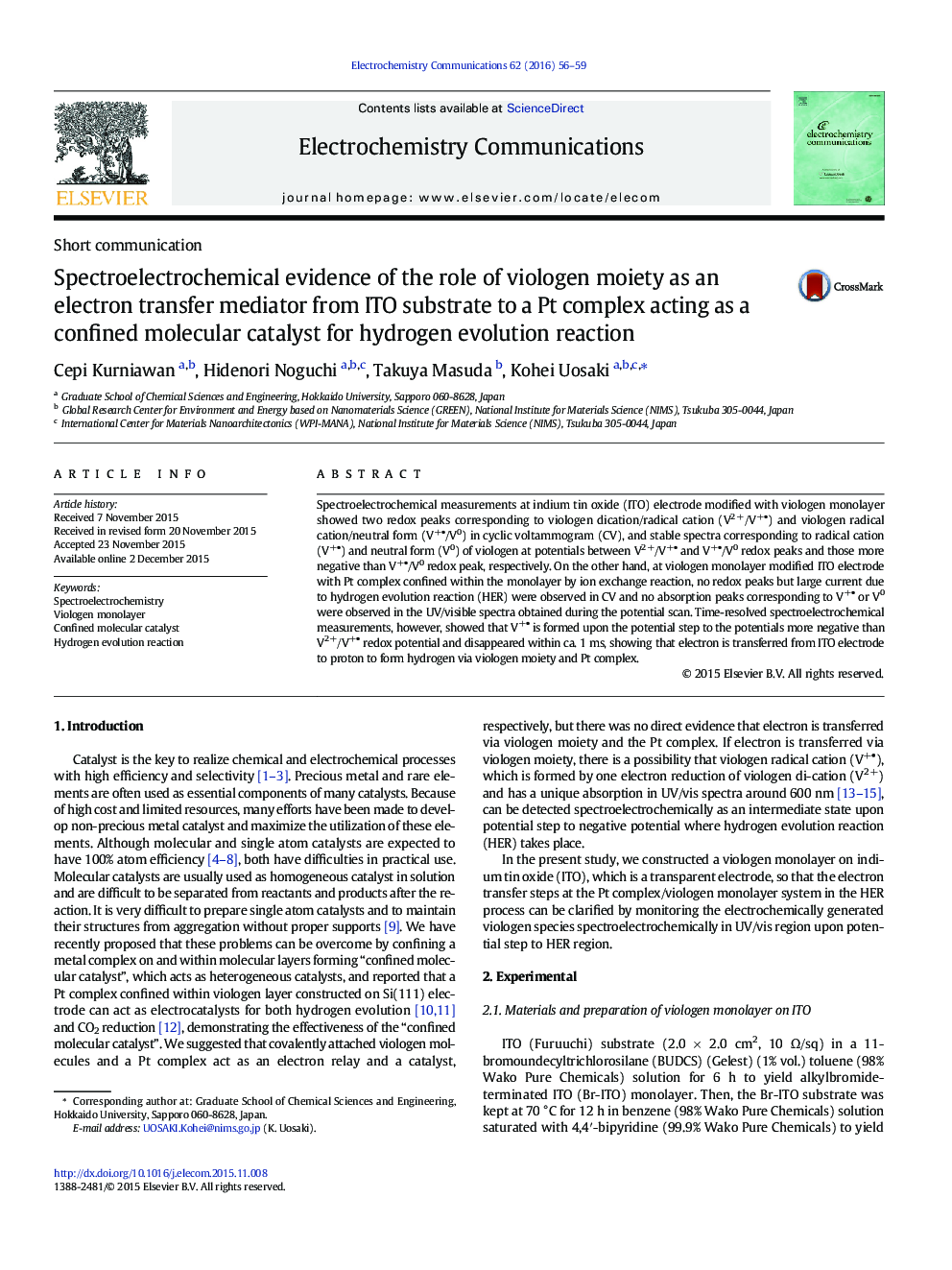 Spectroelectrochemical evidence of the role of viologen moiety as an electron transfer mediator from ITO substrate to a Pt complex acting as a confined molecular catalyst for hydrogen evolution reaction