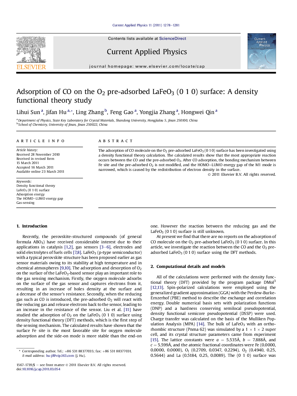 Adsorption of CO on the O2 pre-adsorbed LaFeO3 (0 1 0) surface: A density functional theory study