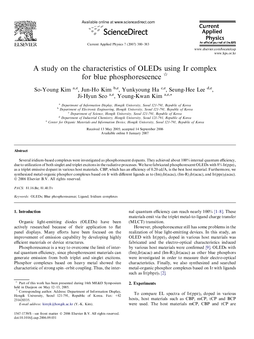 A study on the characteristics of OLEDs using Ir complex for blue phosphorescence