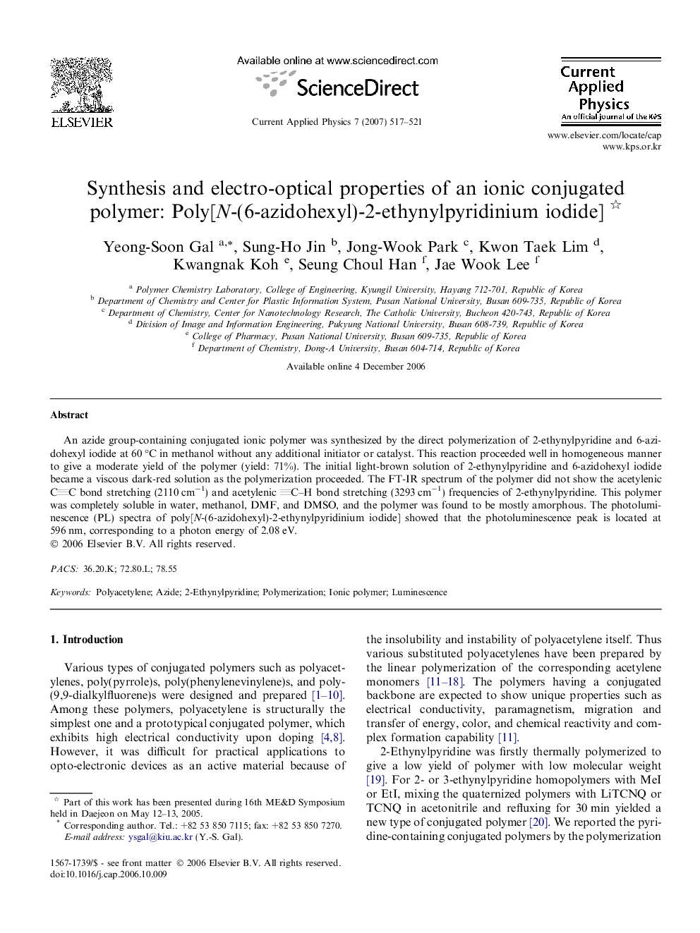 Synthesis and electro-optical properties of an ionic conjugated polymer: Poly[N-(6-azidohexyl)-2-ethynylpyridinium iodide] 