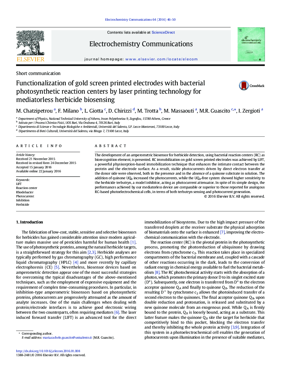 Functionalization of gold screen printed electrodes with bacterial photosynthetic reaction centers by laser printing technology for mediatorless herbicide biosensing