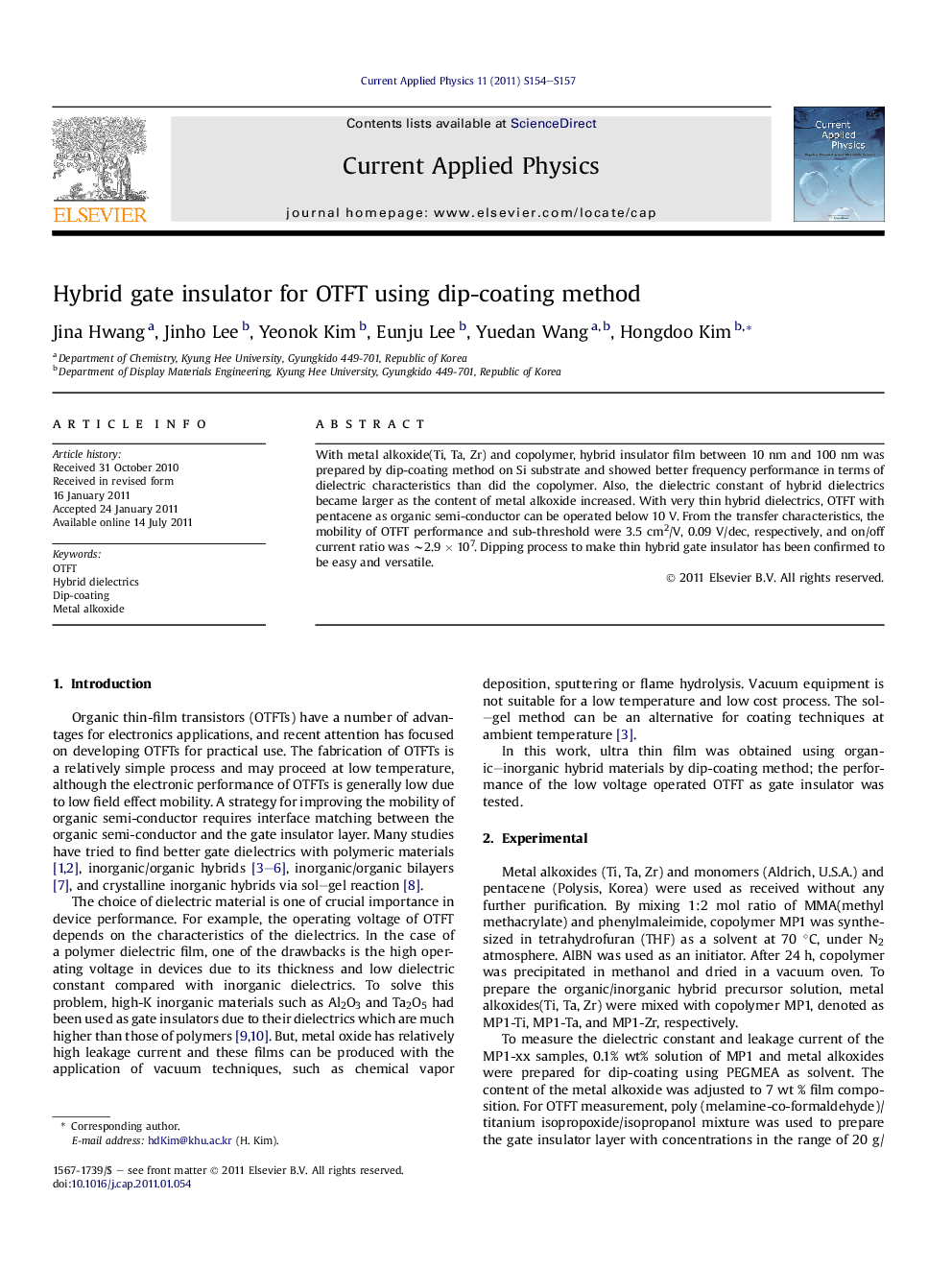 Hybrid gate insulator for OTFT using dip-coating method