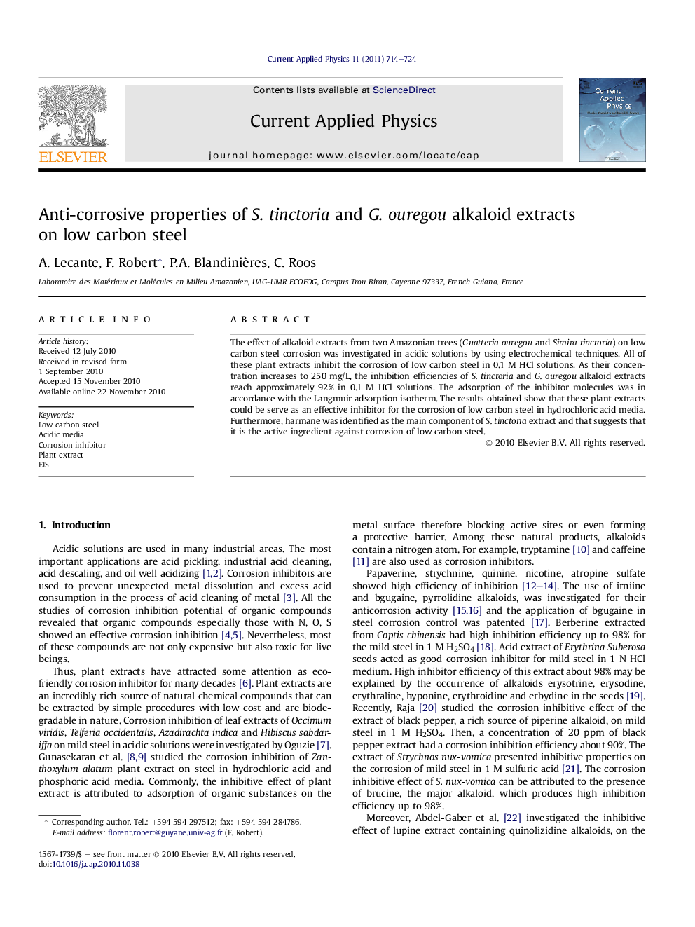 Anti-corrosive properties of S. tinctoria and G. ouregou alkaloid extracts on low carbon steel