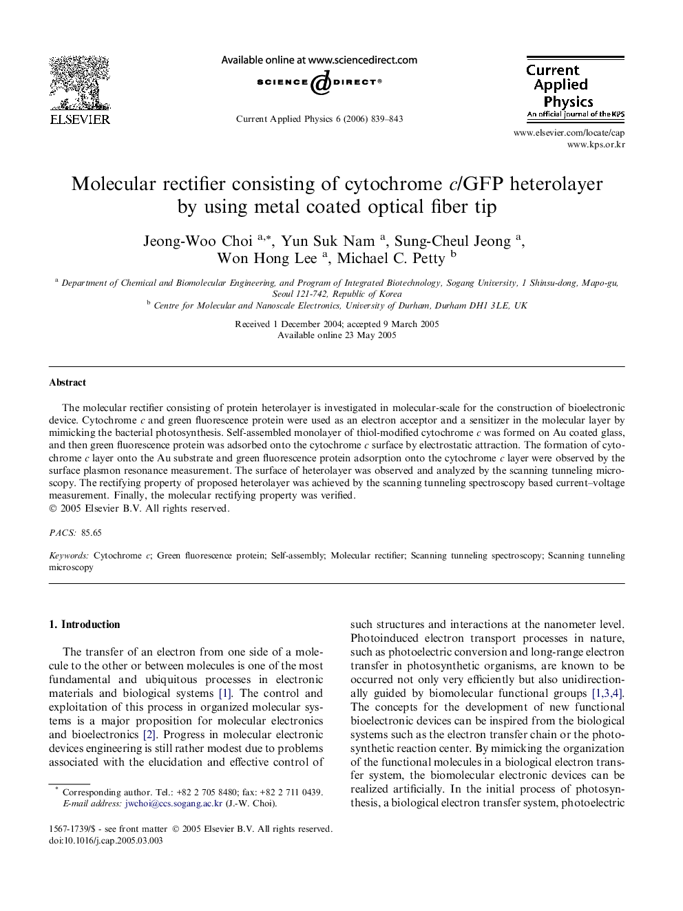 Molecular rectifier consisting of cytochrome c/GFP heterolayer by using metal coated optical fiber tip