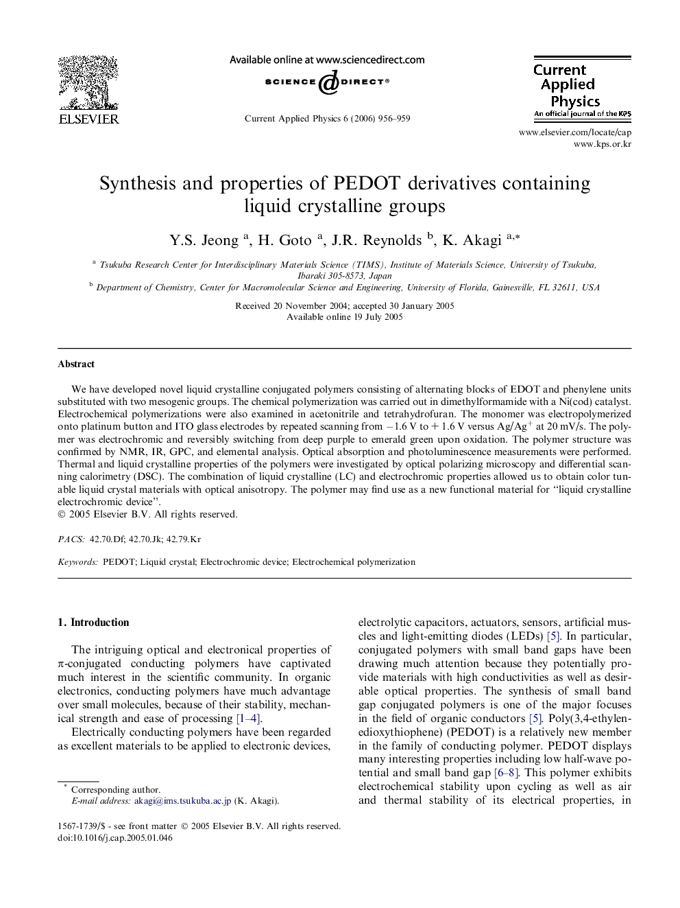 Synthesis and properties of PEDOT derivatives containing liquid crystalline groups