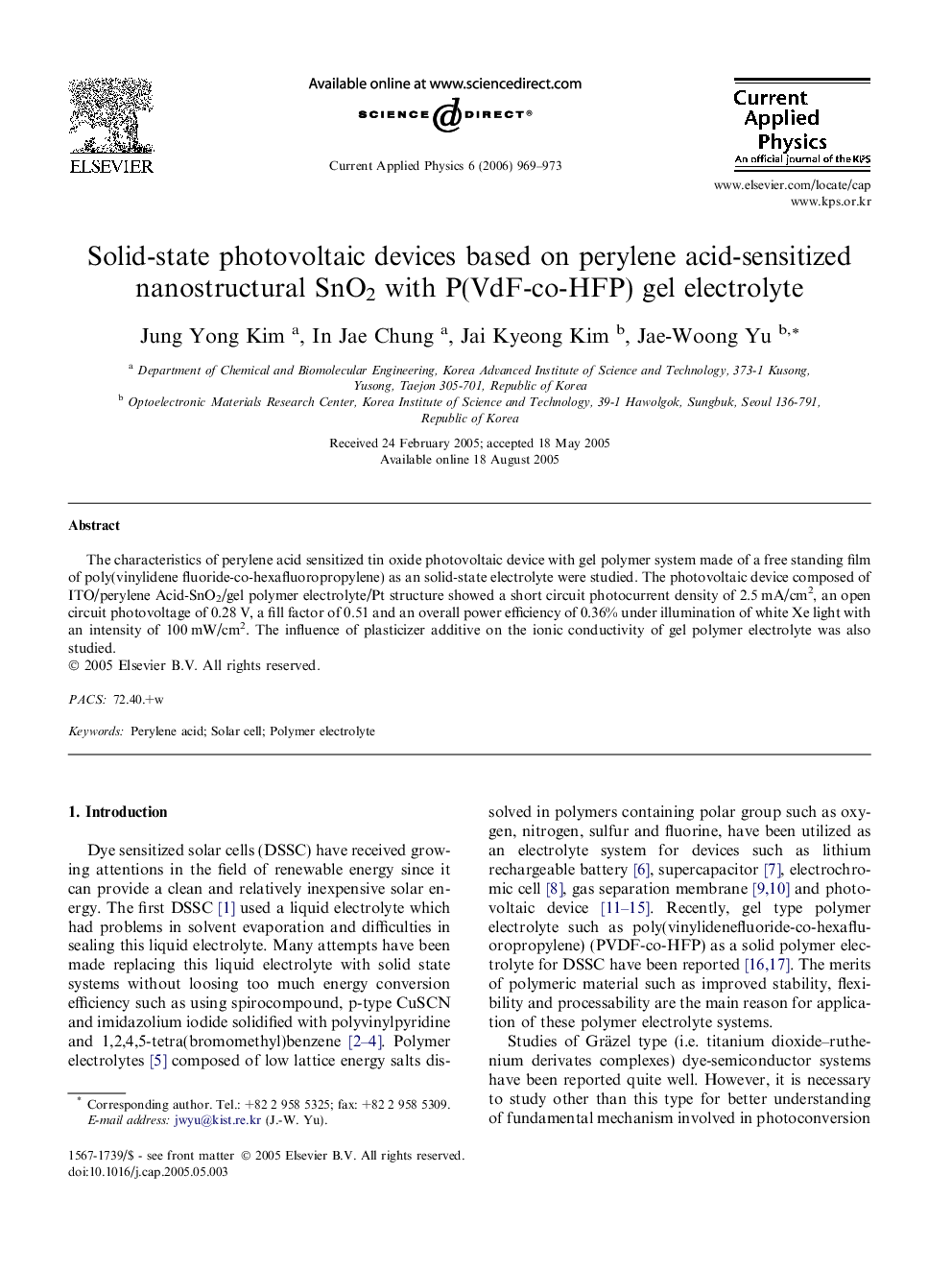 Solid-state photovoltaic devices based on perylene acid-sensitized nanostructural SnO2 with P(VdF-co-HFP) gel electrolyte