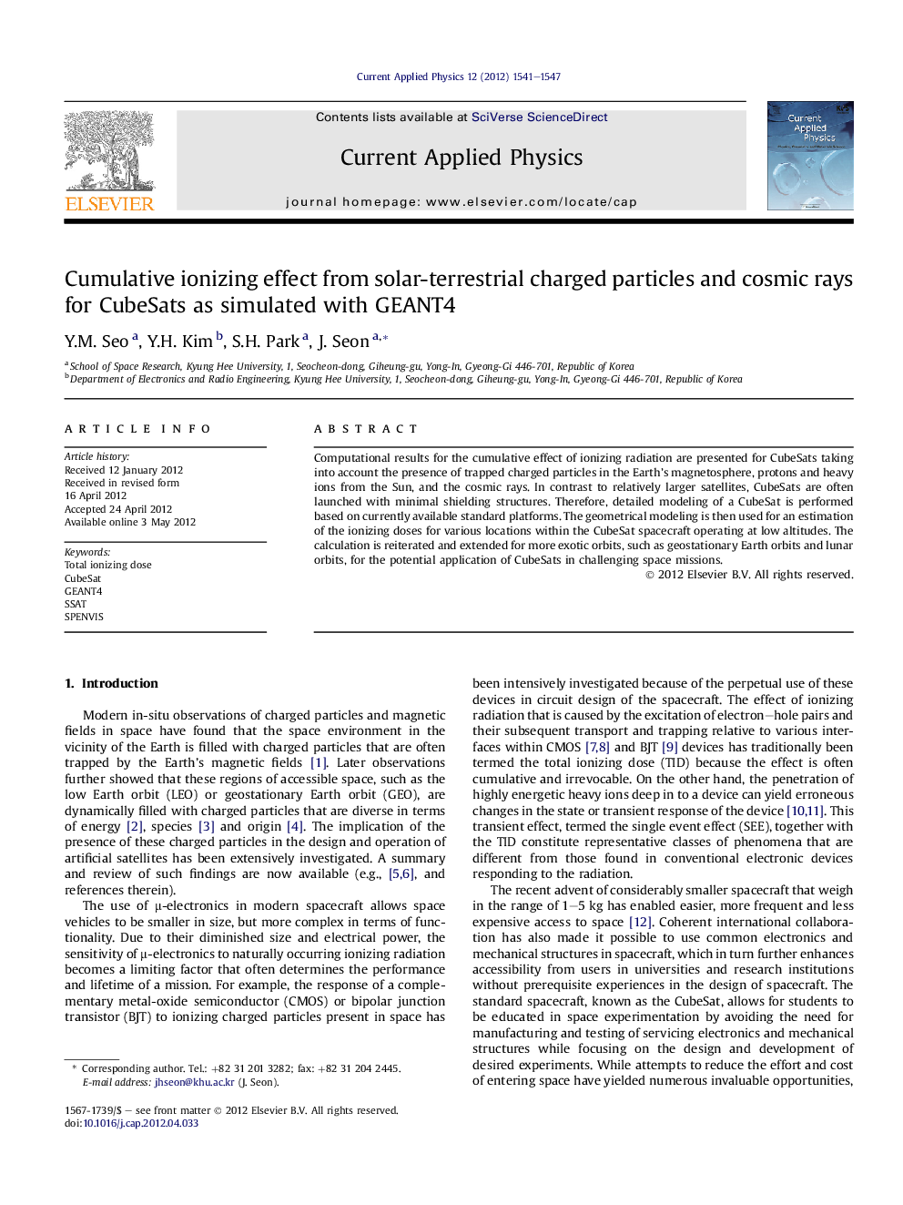 Cumulative ionizing effect from solar-terrestrial charged particles and cosmic rays for CubeSats as simulated with GEANT4