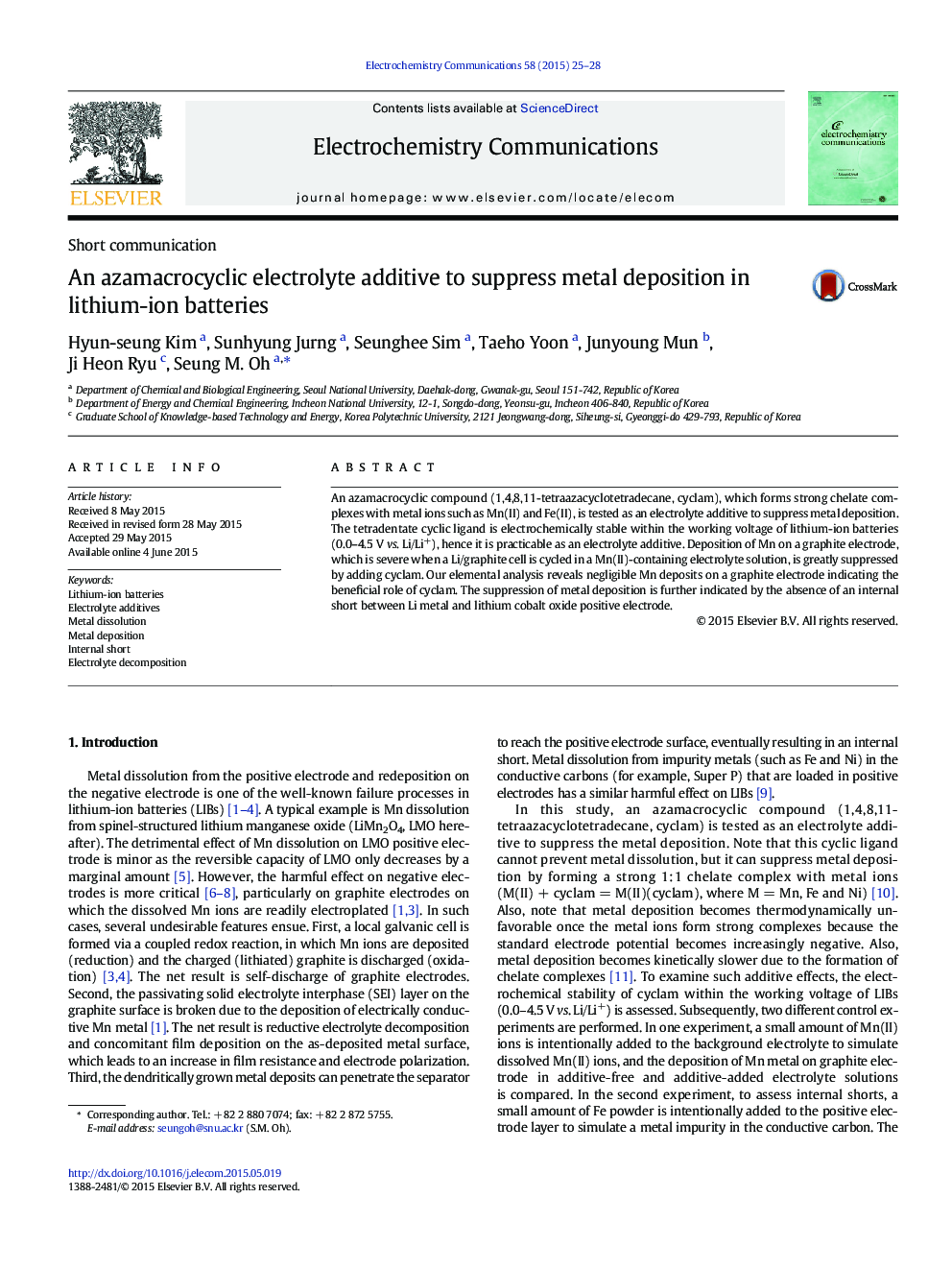 An azamacrocyclic electrolyte additive to suppress metal deposition in lithium-ion batteries