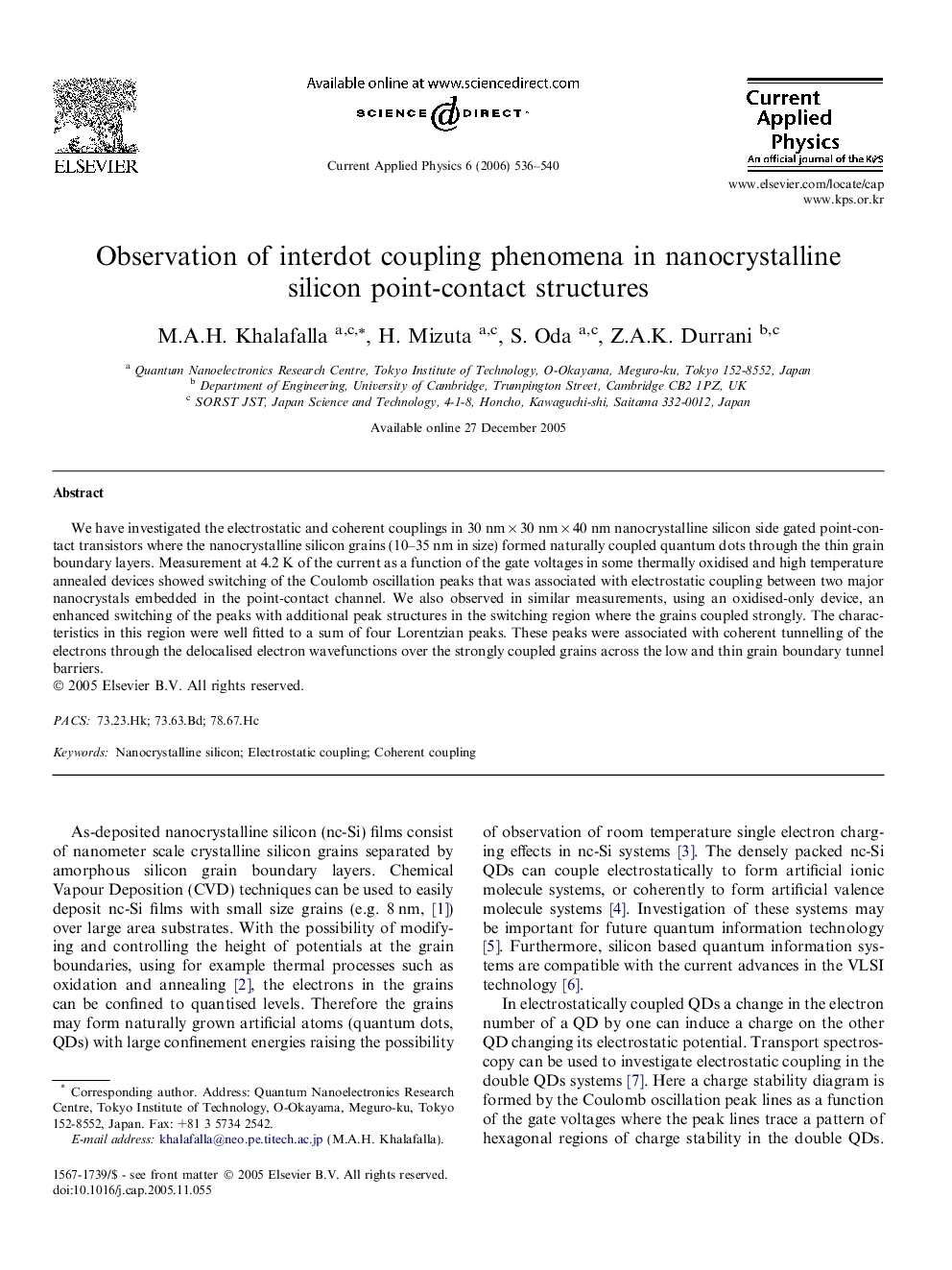 Observation of interdot coupling phenomena in nanocrystalline silicon point-contact structures