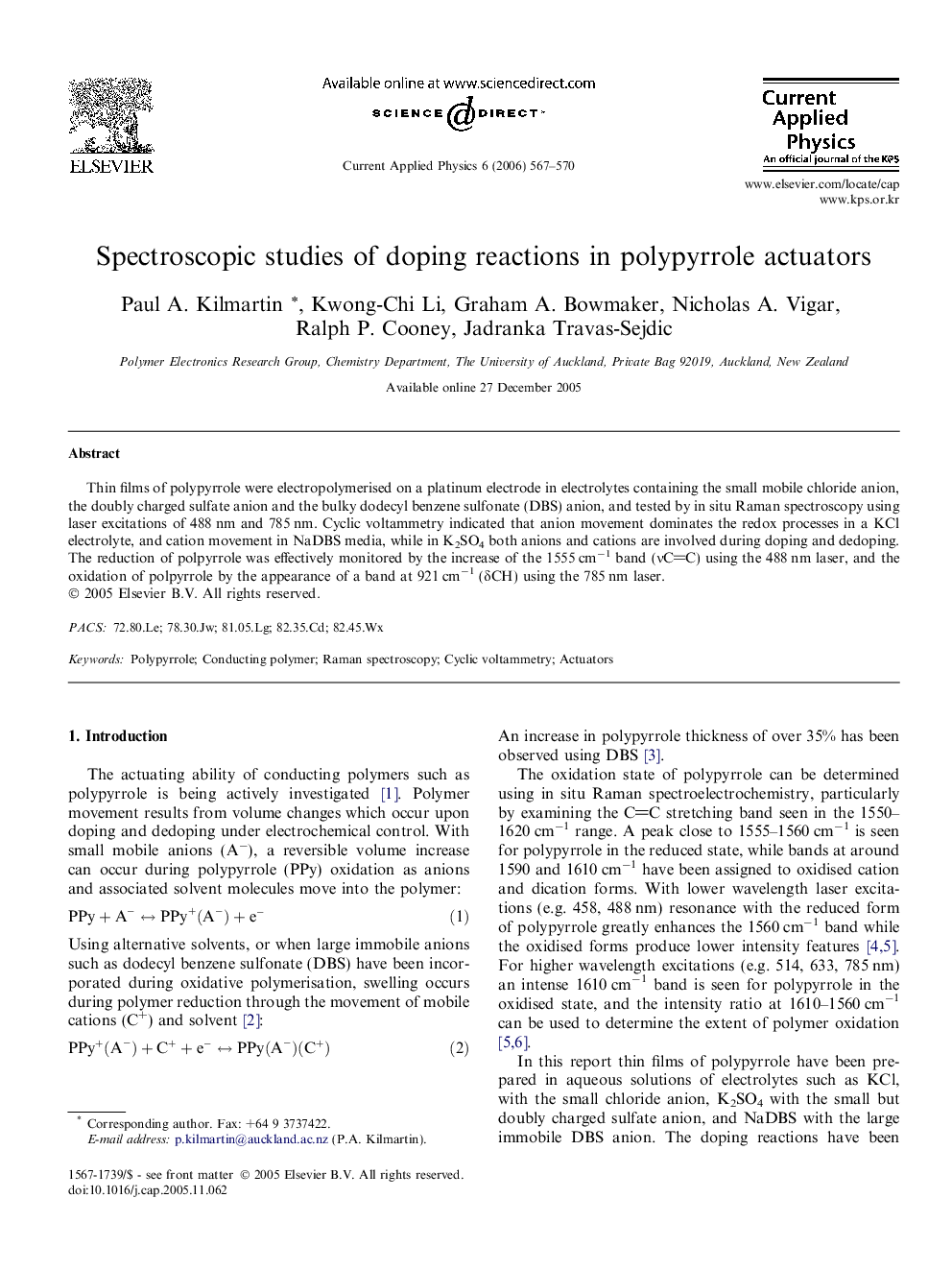 Spectroscopic studies of doping reactions in polypyrrole actuators