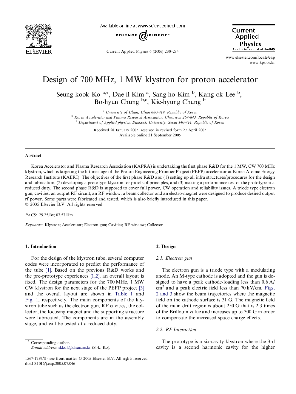 Design of 700Â MHz, 1Â MW klystron for proton accelerator