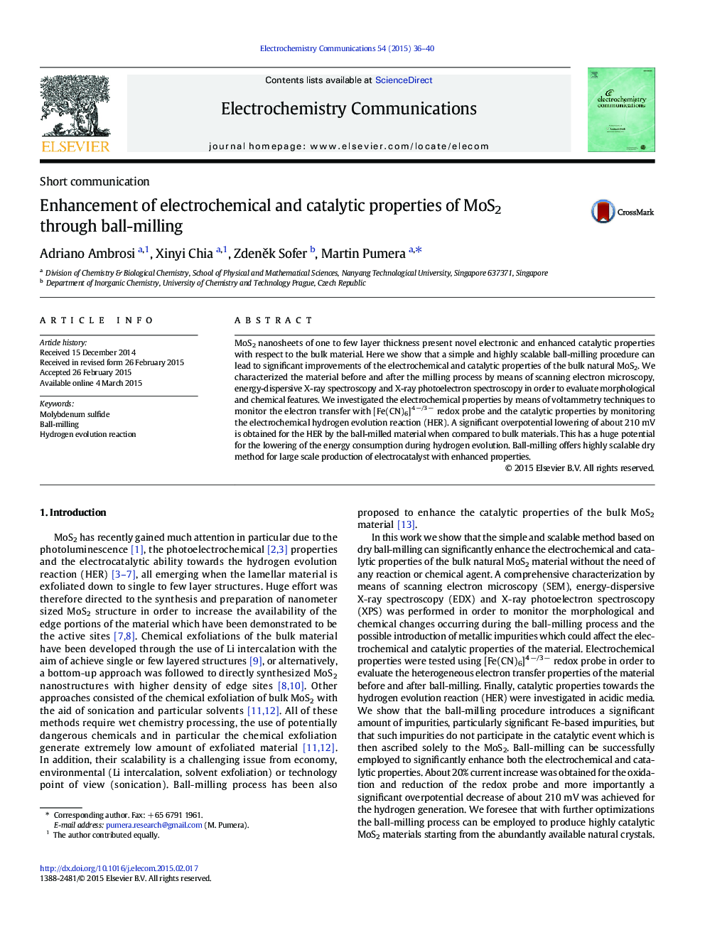 Enhancement of electrochemical and catalytic properties of MoS2 through ball-milling